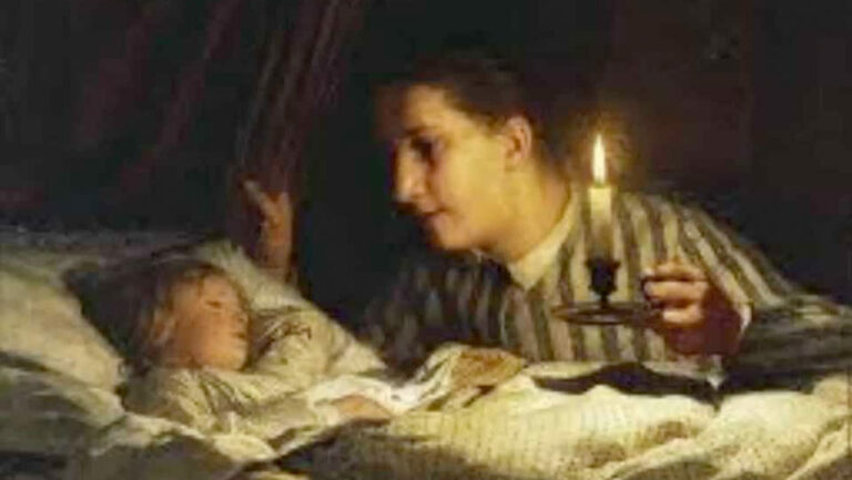 Billede af maleri der viser mor der putter sit barn fra godnatsang sov sødt barnlille